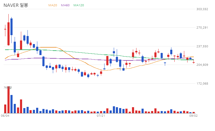 NAVER 일봉 차트 (최근 60거래일 · 이동평균 · 거래량)